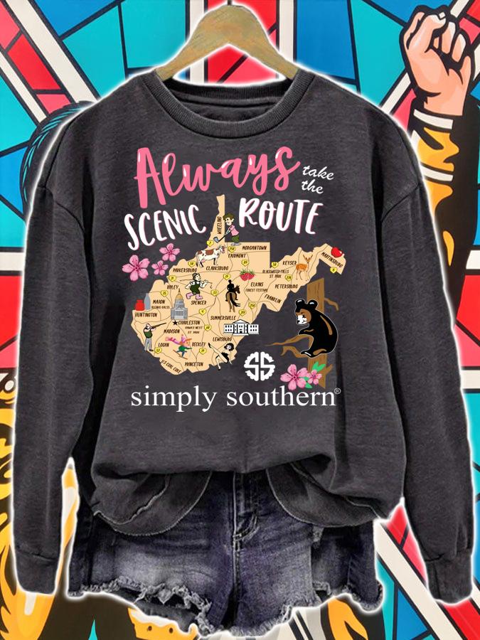 Awesome West Virginia always take the scenic route Simply Southern t-shirt sweatshirt