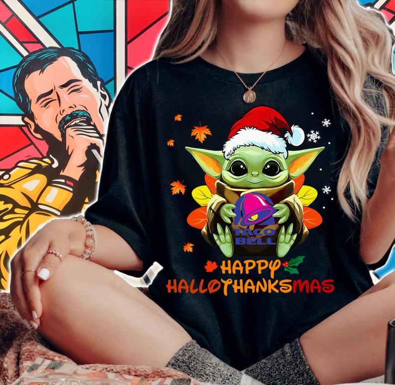 Baby Yoda Mashup Taco Bell Happy HalloThanksMas t-shirt woman shirt
