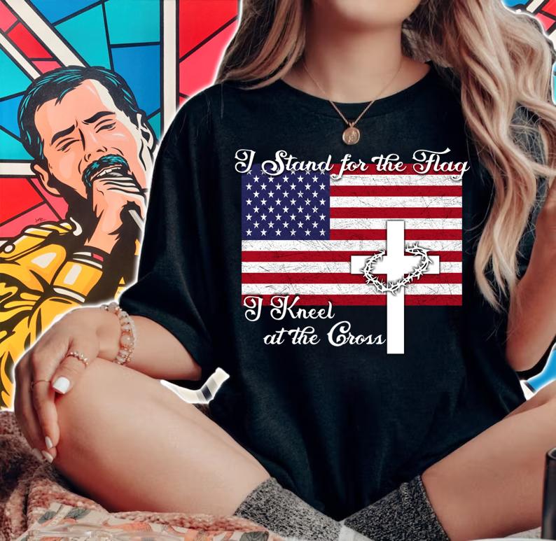 The best American Flag I Stand For The Flag I Kneel At The Cross The Holy Crown of Thorns t-shirt woman shirt