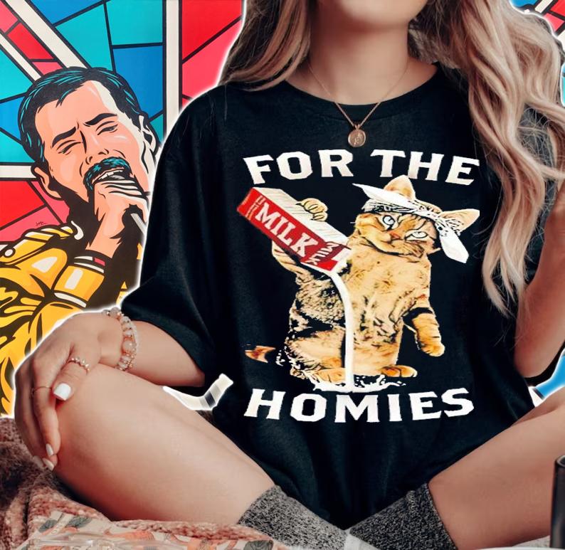 Cat Wearing Bandana Pouring Out Milk for the homies shirt t-shirt woman shirt