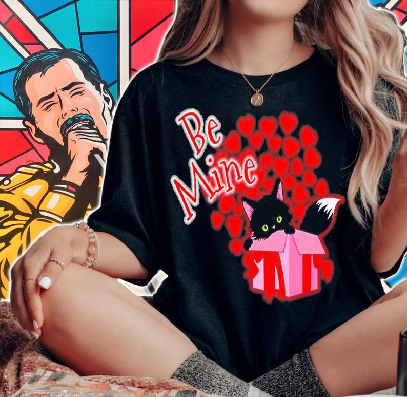Be Mine Valentines Day Cute Cat Hearts T-Shirt t-shirt woman shirt