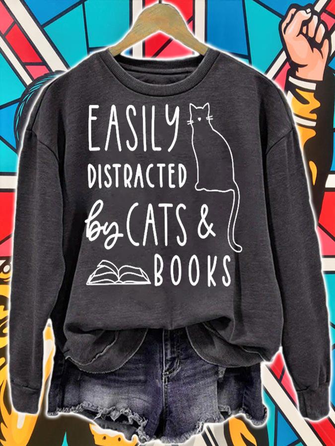 Easily Distracted Cats And Books Funny Gift For Cat Lovers T-Shirt t-shirt sweatshirt