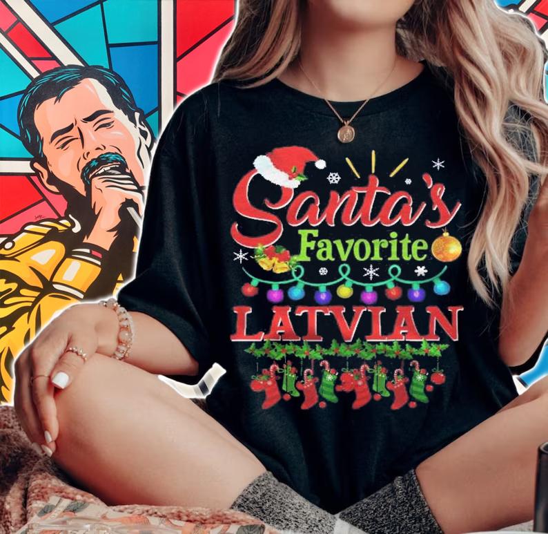 Funny Santas Favorite Latvian Christmas Santa Hat Light Shirt t-shirt woman shirt