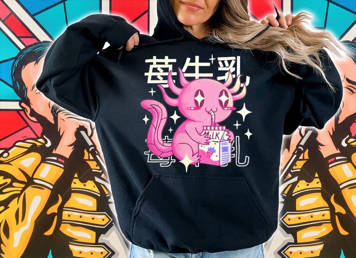 Happy Axolotl With Strawberry Milk Japan Style Otaku Anime T-Shirt t-shirt hoodie