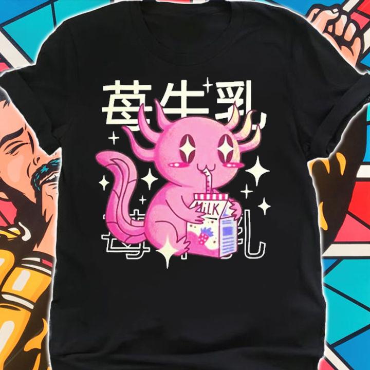 Happy Axolotl With Strawberry Milk Japan Style Otaku Anime T-Shirt t-shirt shirt