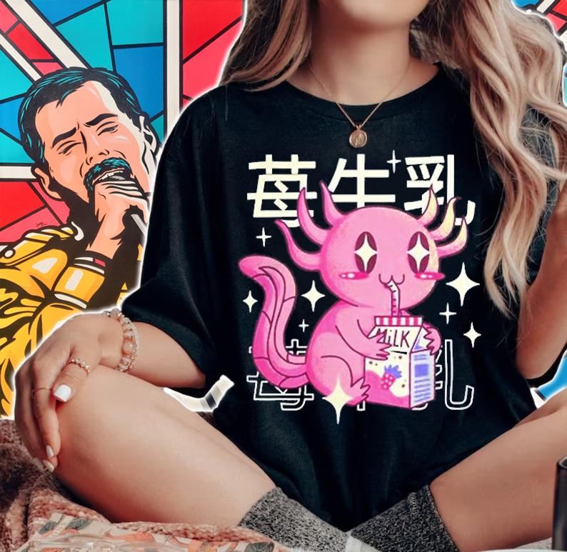 Happy Axolotl With Strawberry Milk Japan Style Otaku Anime T-Shirt t-shirt woman shirt