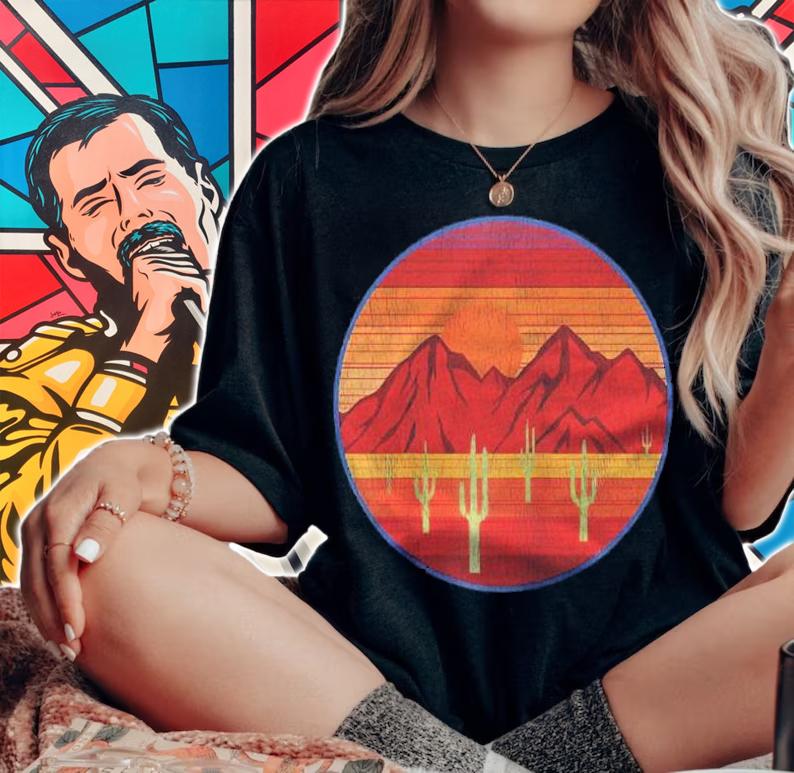 Vintage Southwest Mountain Desert Scene Raglan Baseball Shirt t-shirt woman shirt