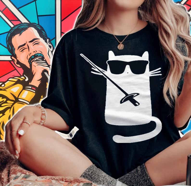 Funny Cat Wearing Sunglasses Fencing Shirt woman shirt
