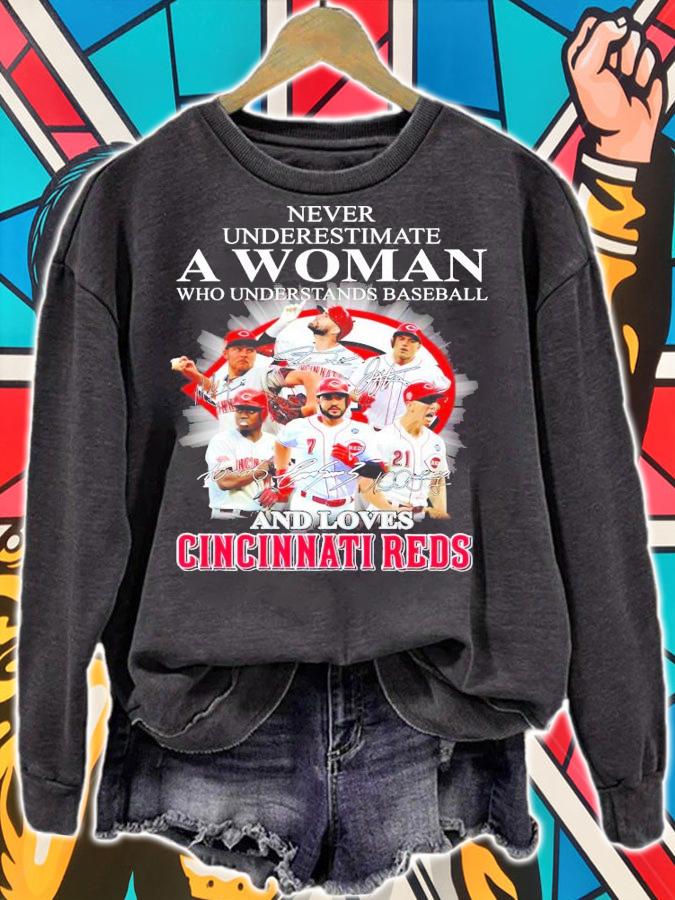 Cincinnati Reds never underestimate a woman baseball signatures shirt