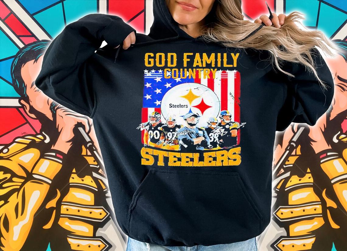 God Family Country Pittsburgh Steelers Football signatures American flag T-shirt hoodie