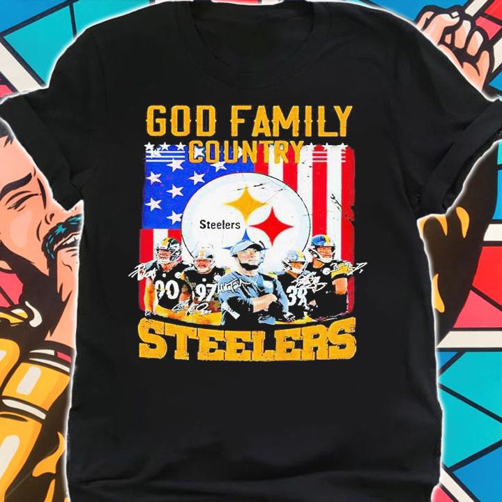 God Family Country Pittsburgh Steelers Football signatures American flag T-shirt shirt