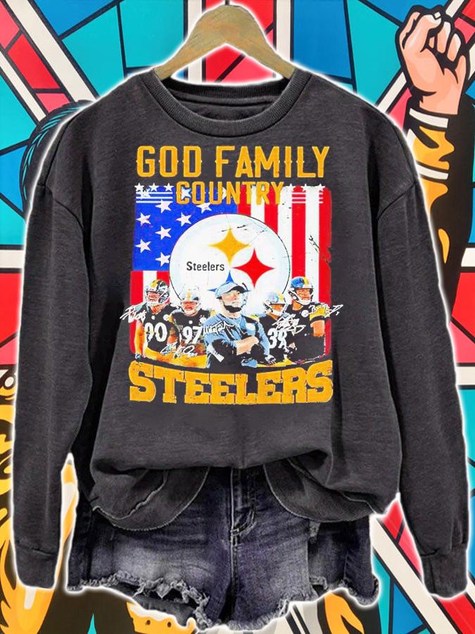 God Family Country Pittsburgh Steelers Football signatures American flag T-shirt sweatshirt
