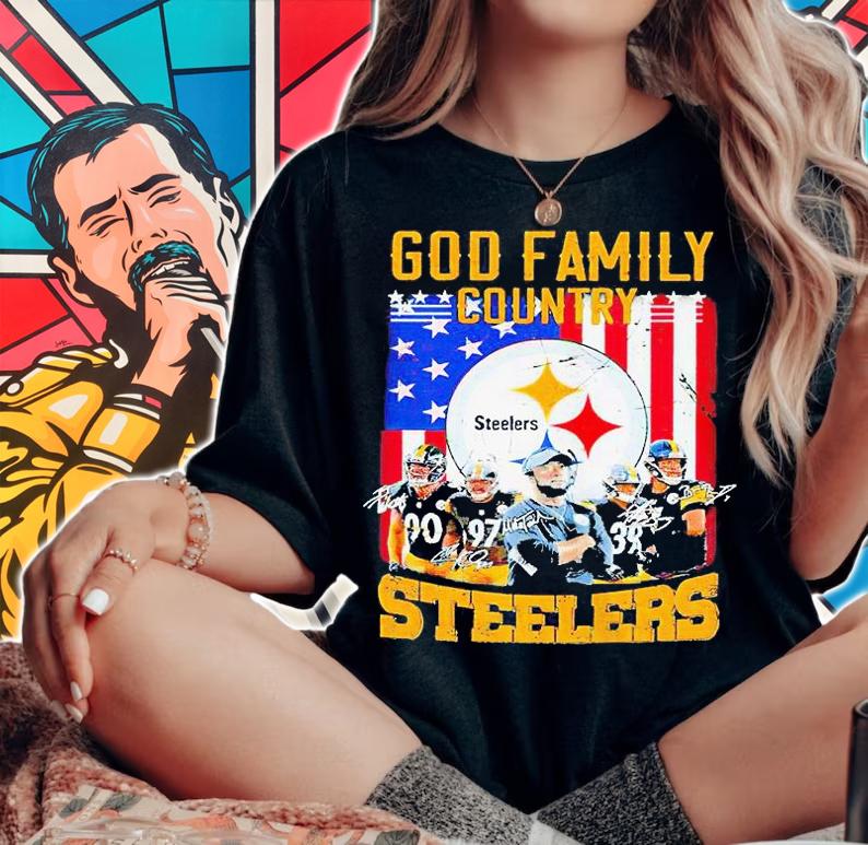 God Family Country Pittsburgh Steelers Football signatures American flag T-shirt woman shirt