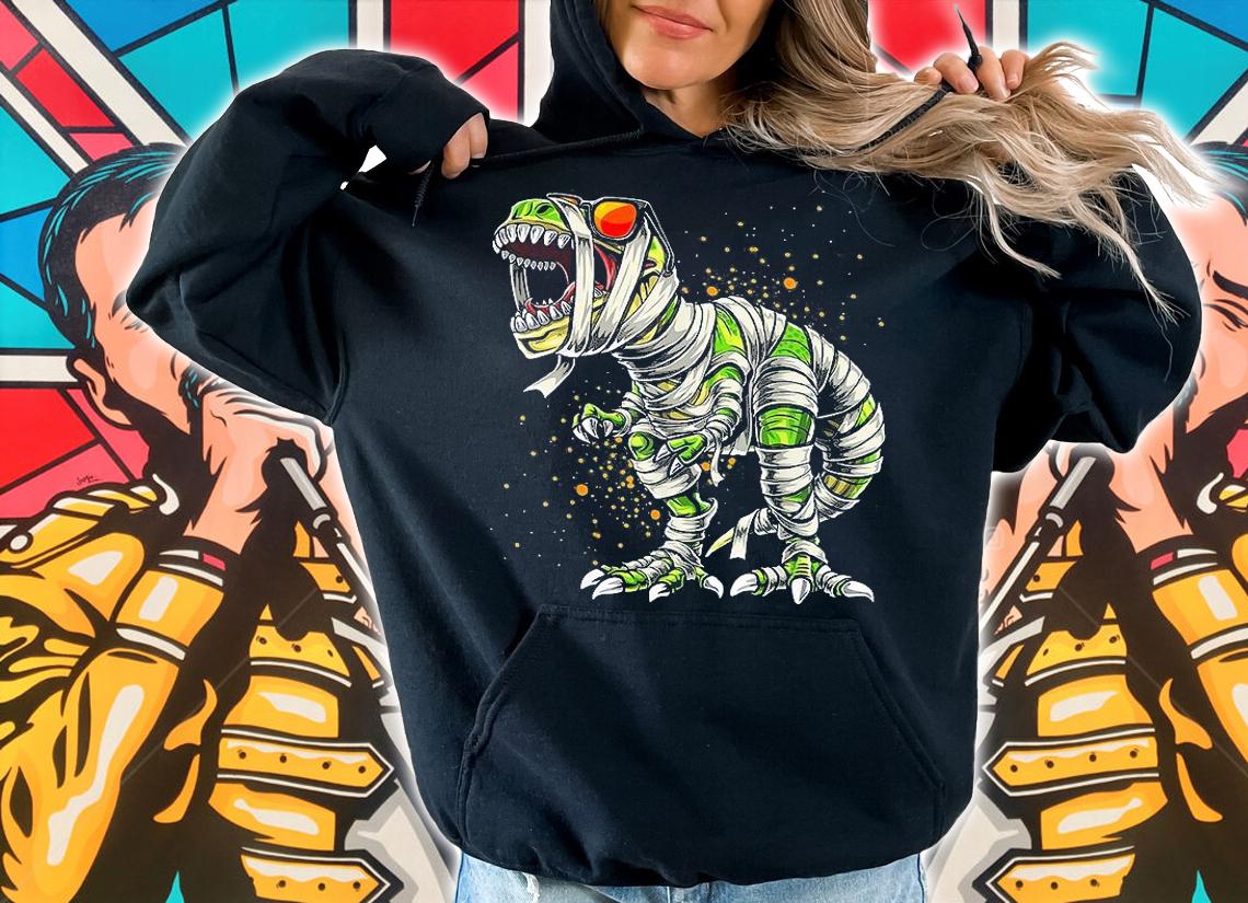 Skeleton Riding Mummy Dinosaur T Rex Halloween Kid T-Shirt
