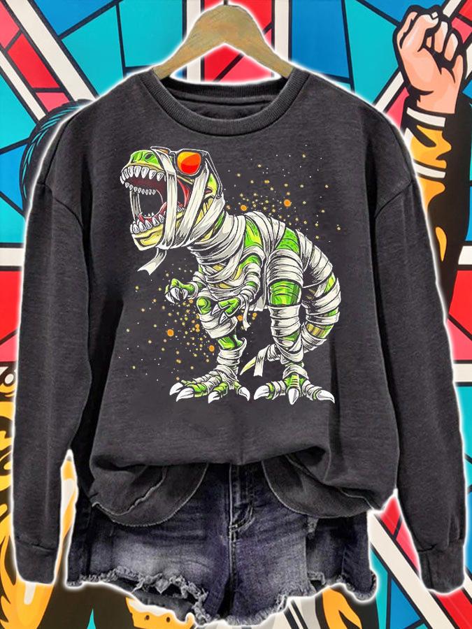 Skeleton Riding Mummy Dinosaur T Rex Halloween Kid T-Shirt