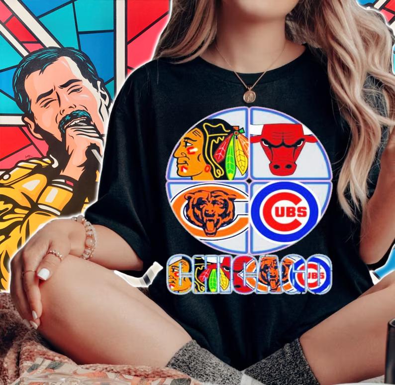Chicago Blackhawks Primary Bulls Bears Cubs logo shirt