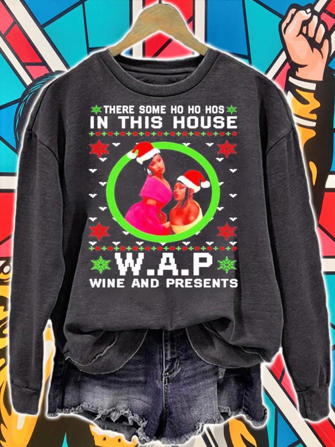 Cardi B there some Ho Ho Ho in this house WAP wine and presents ugly Christmas sweater t-shirt