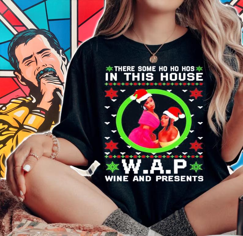 Cardi B there some Ho Ho Ho in this house WAP wine and presents ugly Christmas sweater t-shirt