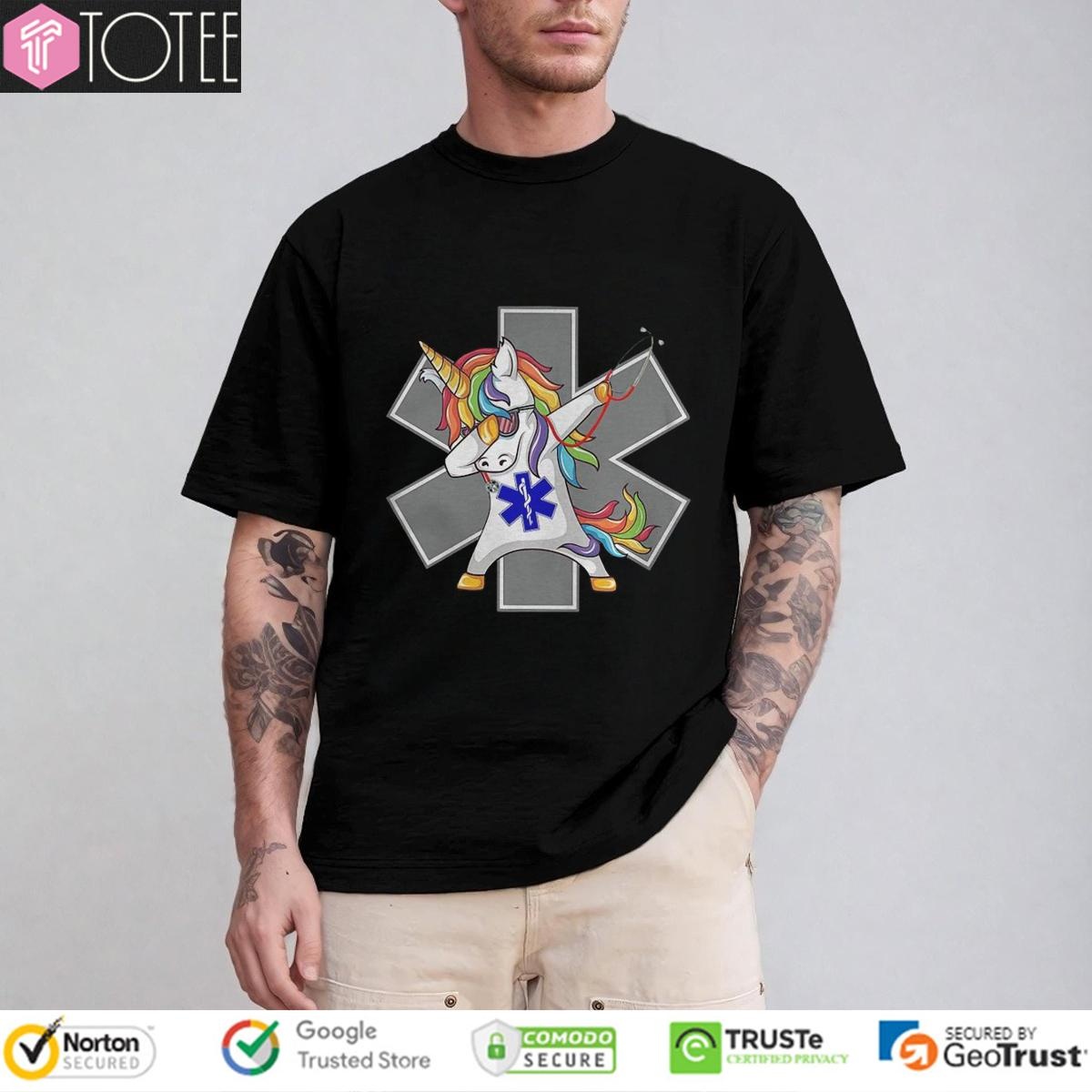 Dabbing Unicorn Rainbow Nurse Emt Logo T-shirt