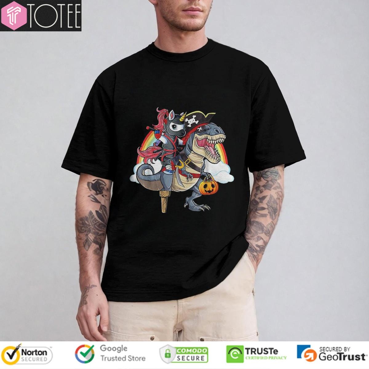 Ninja Unicorn Riding Pirate Dinosaur T Rex Rainbow Halloween T-shirt